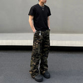 Threebooy Mens Denim Trousers Vintage American Retro High Street Camouflage Functional Design Straight Durable Versatile Trousers Summer